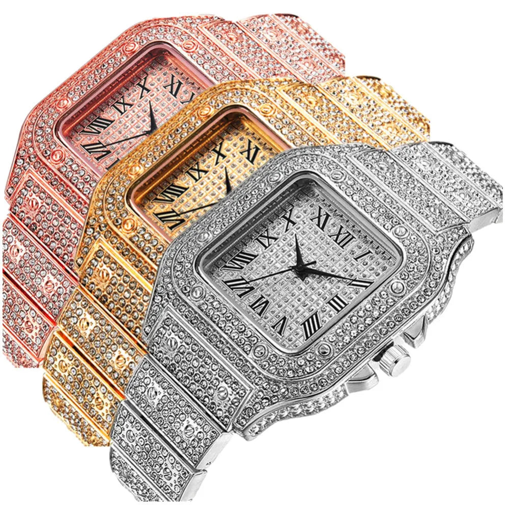 Roman numeral quartz watch with black mesh band, bracelet, and necklace set in gold colour.