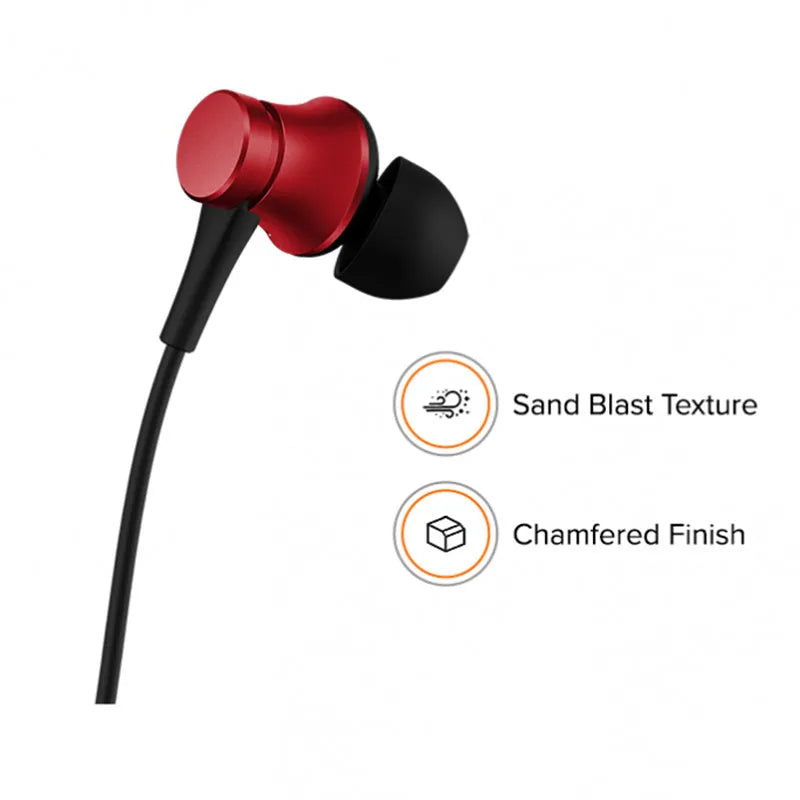 Piston-style wired in-ear headphones with 3.5mm jack in black, blue, and red colour options.