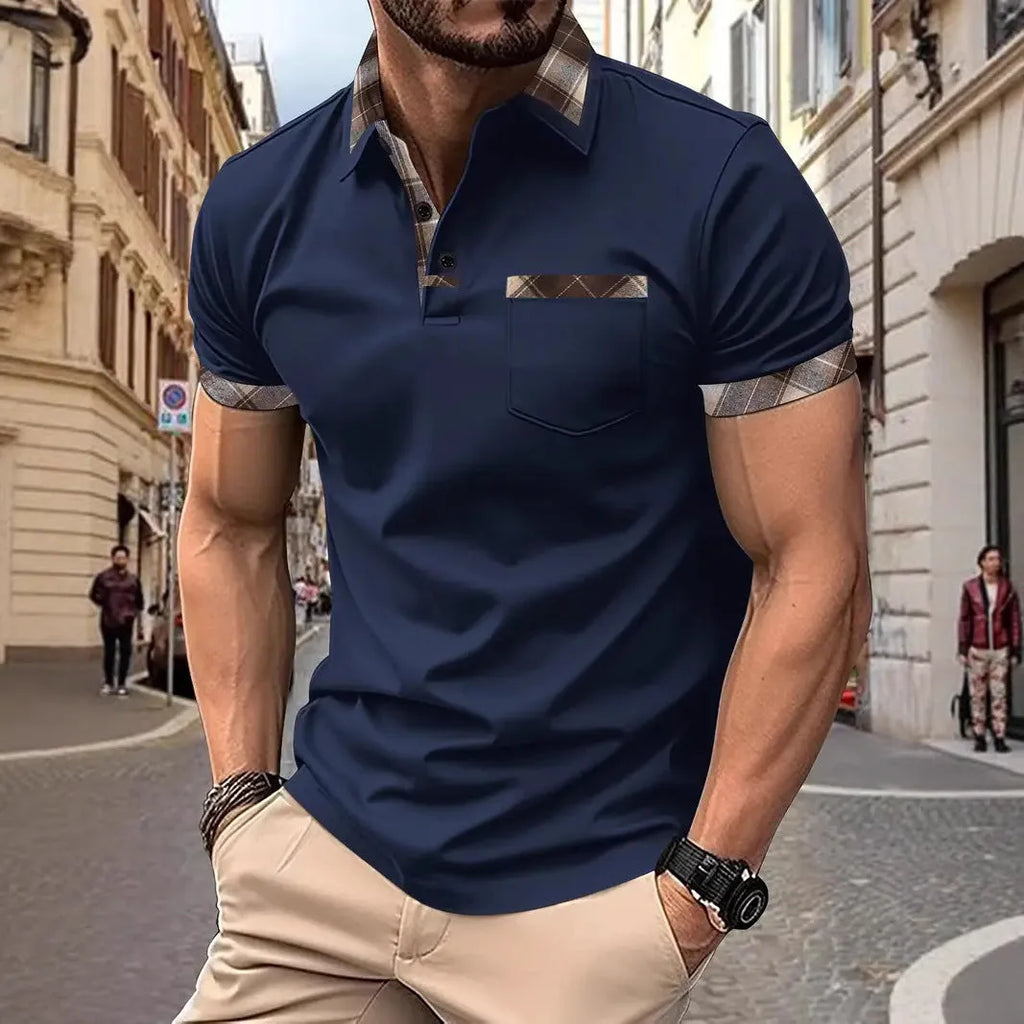 Men's loose fit short sleeve plaid colourblock T-shirt with zipper decoration.