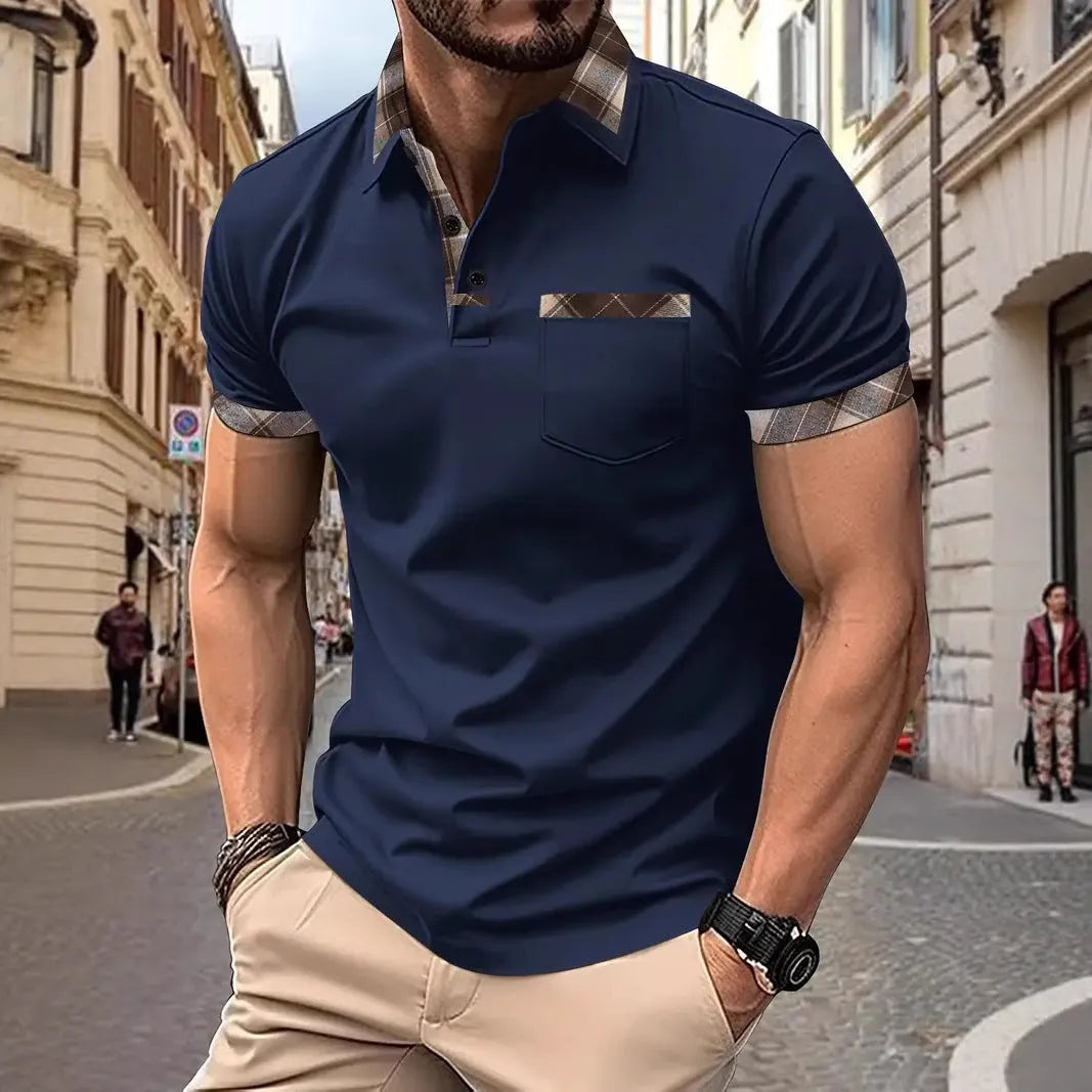 Men's loose fit short sleeve plaid colourblock T-shirt with zipper decoration.