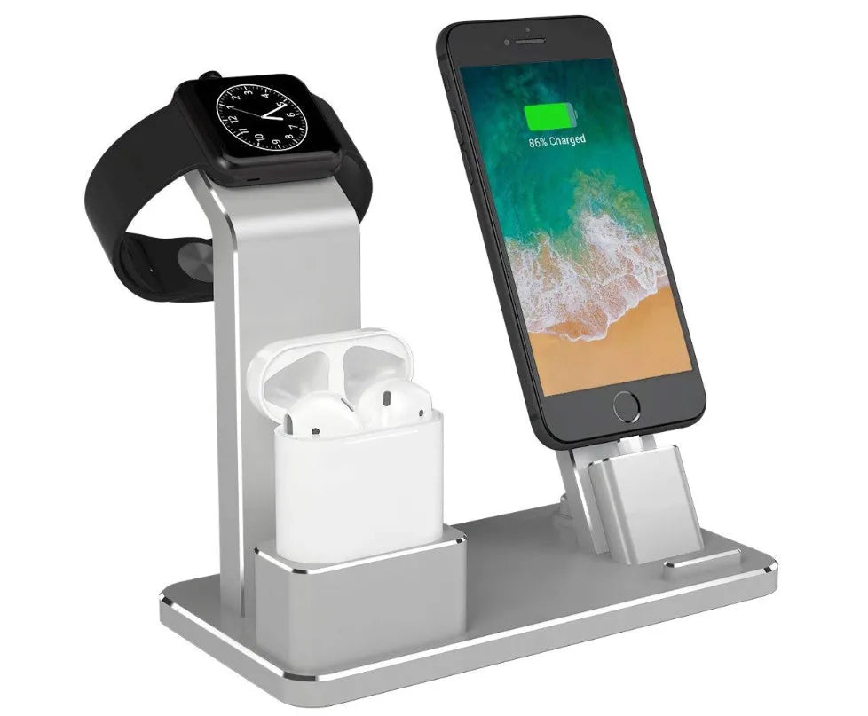 Three-in-one aluminium alloy charging bracket for Apple Watch iPhone AirPods on desk with non-slip base