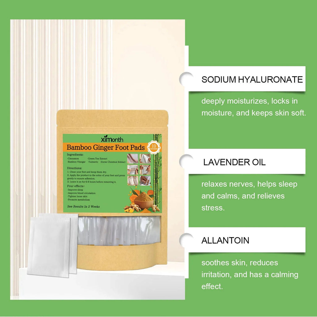 Pack of ten adhesive health patches with natural herbal ingredients including ginger and turmeric