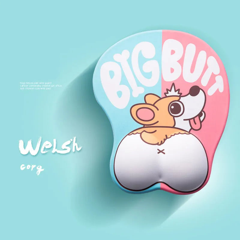 Cute 3D corgi butt mouse pad with raised wrist cushion on a desk