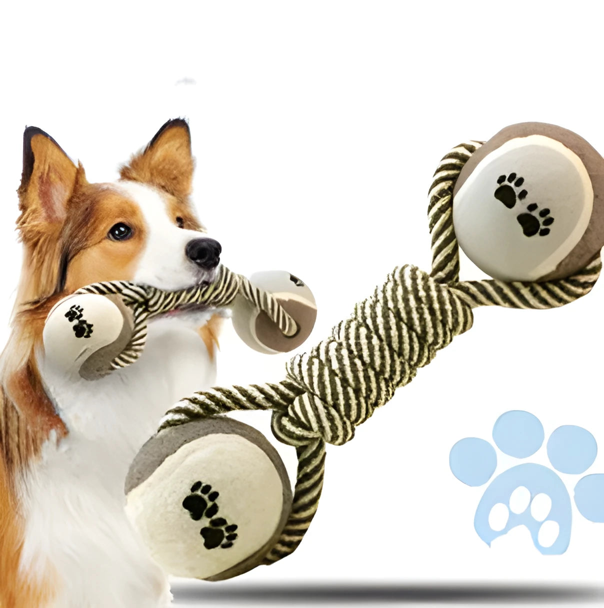 Cotton braided rope dumbbell dog toy with two tennis ball knots on a white background