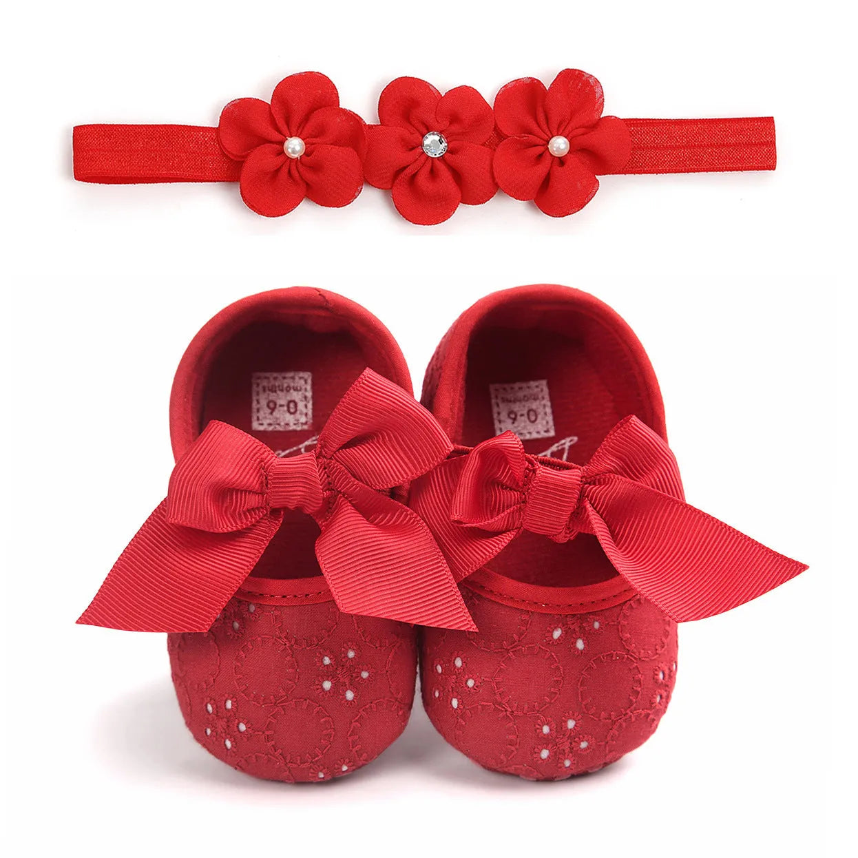 Soft sole pink baby princess shoes for infants shown next to size tags for 11cm, 12cm, and 13cm.