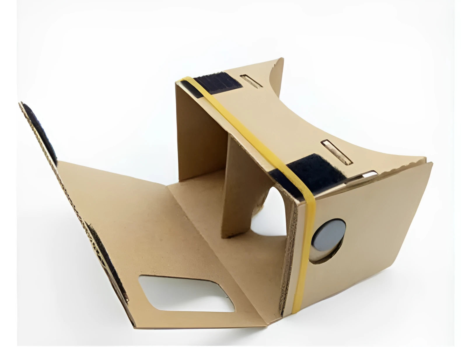 Pink and white cardboard VR glasses with 3D lenses and a rubber head strap for smartphones.