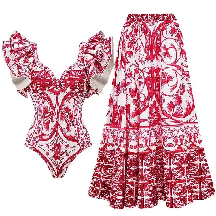 Women's printed one-piece swimsuit with matching apron skirt in polyester fabric