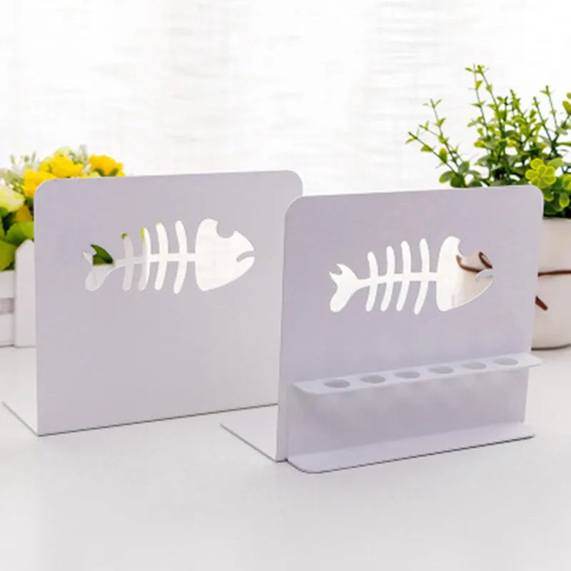 White and black thick steel plate bookend with six-hole pen holder and rounded corners