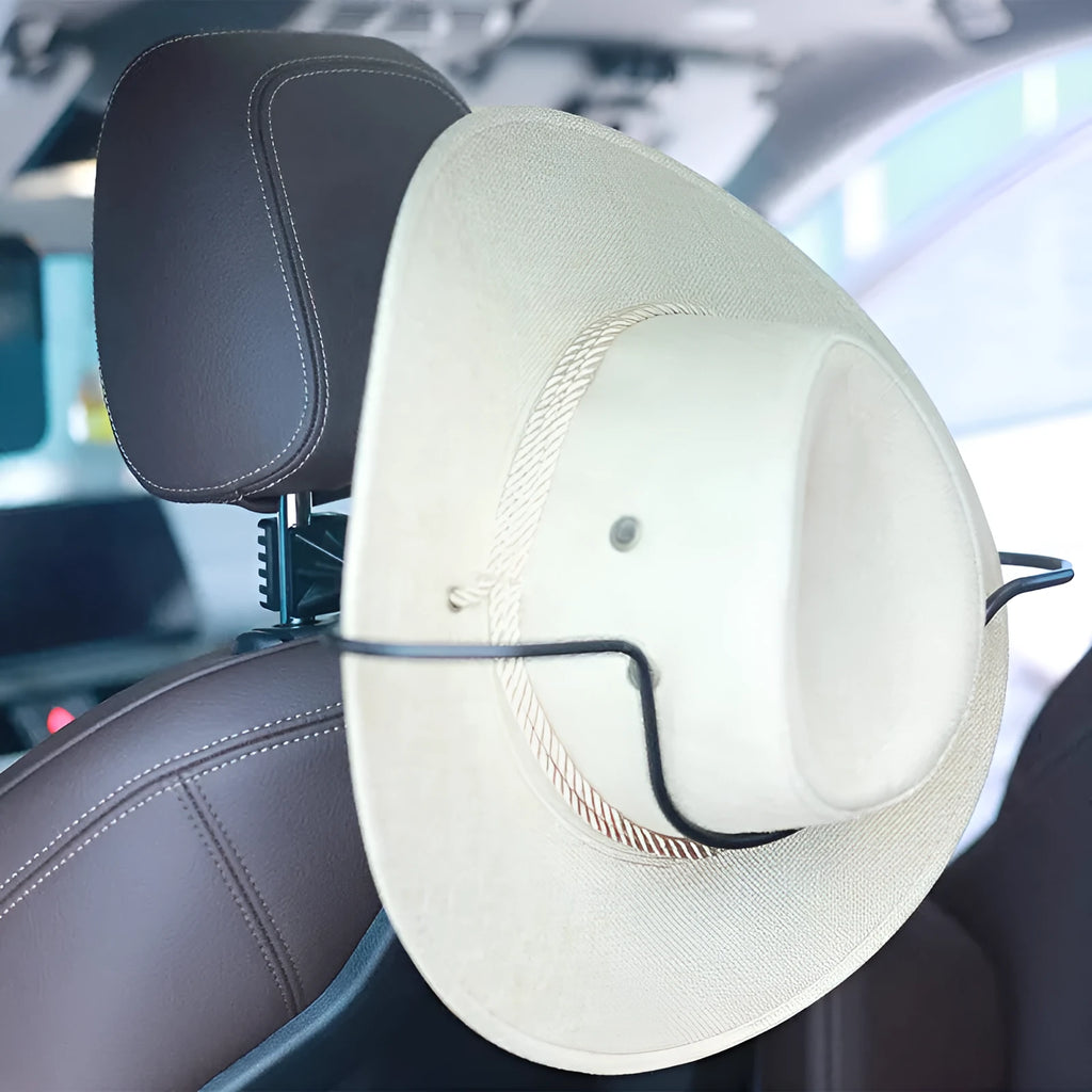 Black metal hat bracket for car visor or headrest cap display and storage