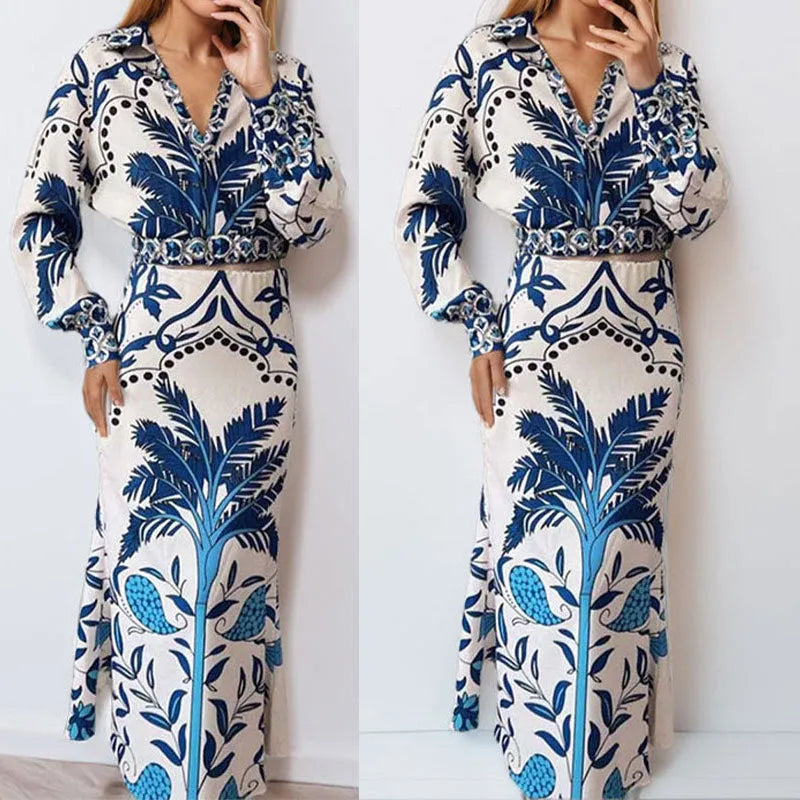 Women's floral print casual set with long sleeve top and long skirt on hanger
