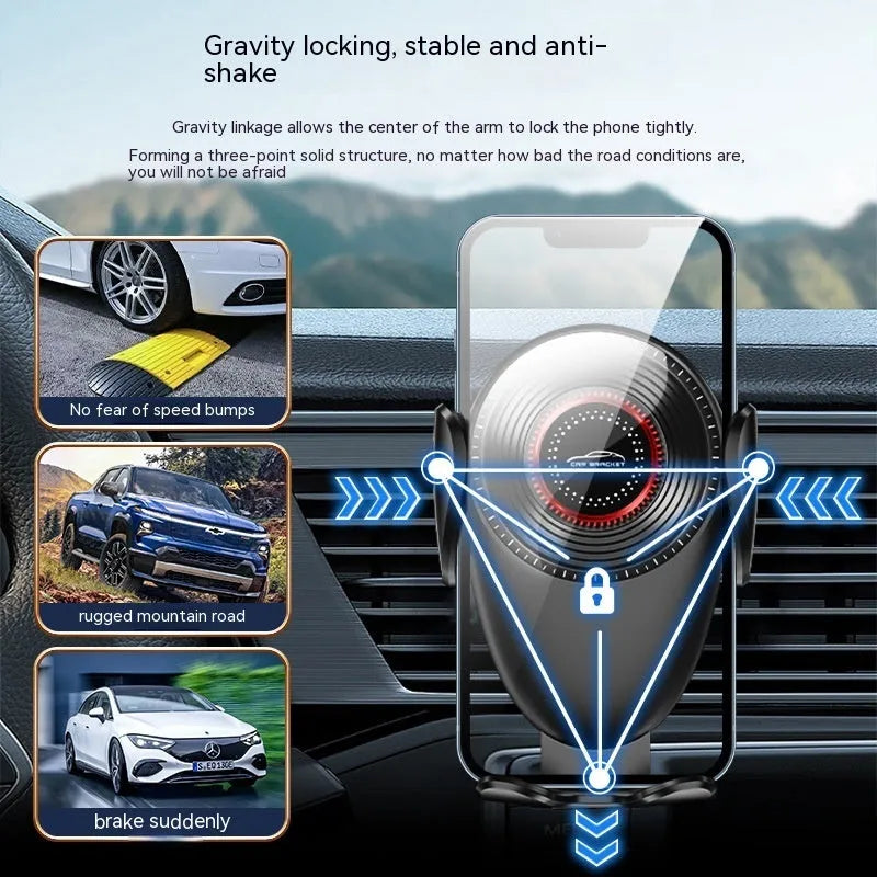 Black car mobile phone bracket with mechanical support frame for air vent mounting