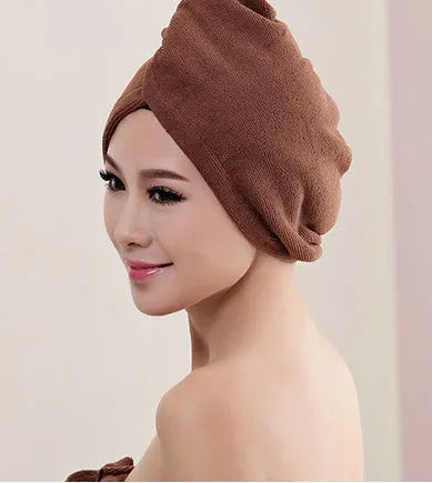 Soft microfiber hair dryer cap for women, shown in assorted colours, measuring 60cm by 25cm.