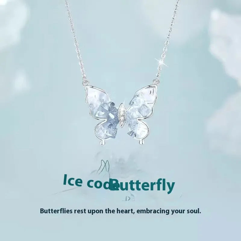 Silver Bingyu butterfly necklace on display, showing adjustable O-ring chain and detailed ice rain pendant.