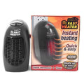 Black compact ceramic electric heater with digital display and a rotating plug on a white background.