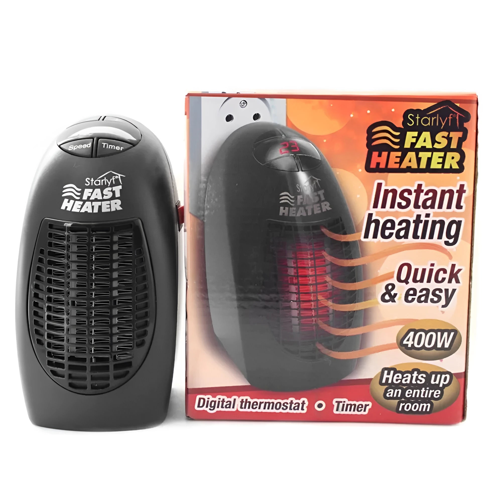 Black compact ceramic electric heater with digital display and a rotating plug on a white background.