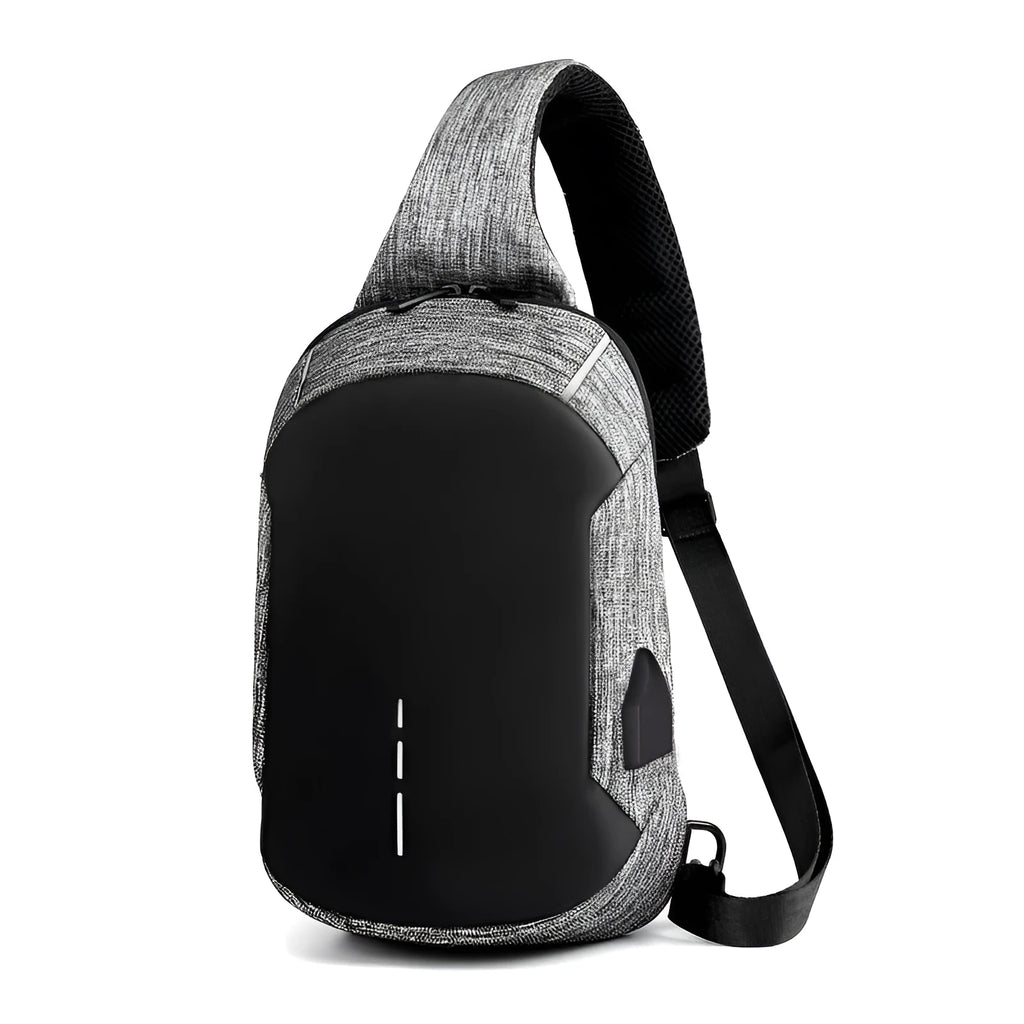 Dark blue Oxford cloth chest bag with adjustable strap, shown open to reveal internal mobile phone pocket.