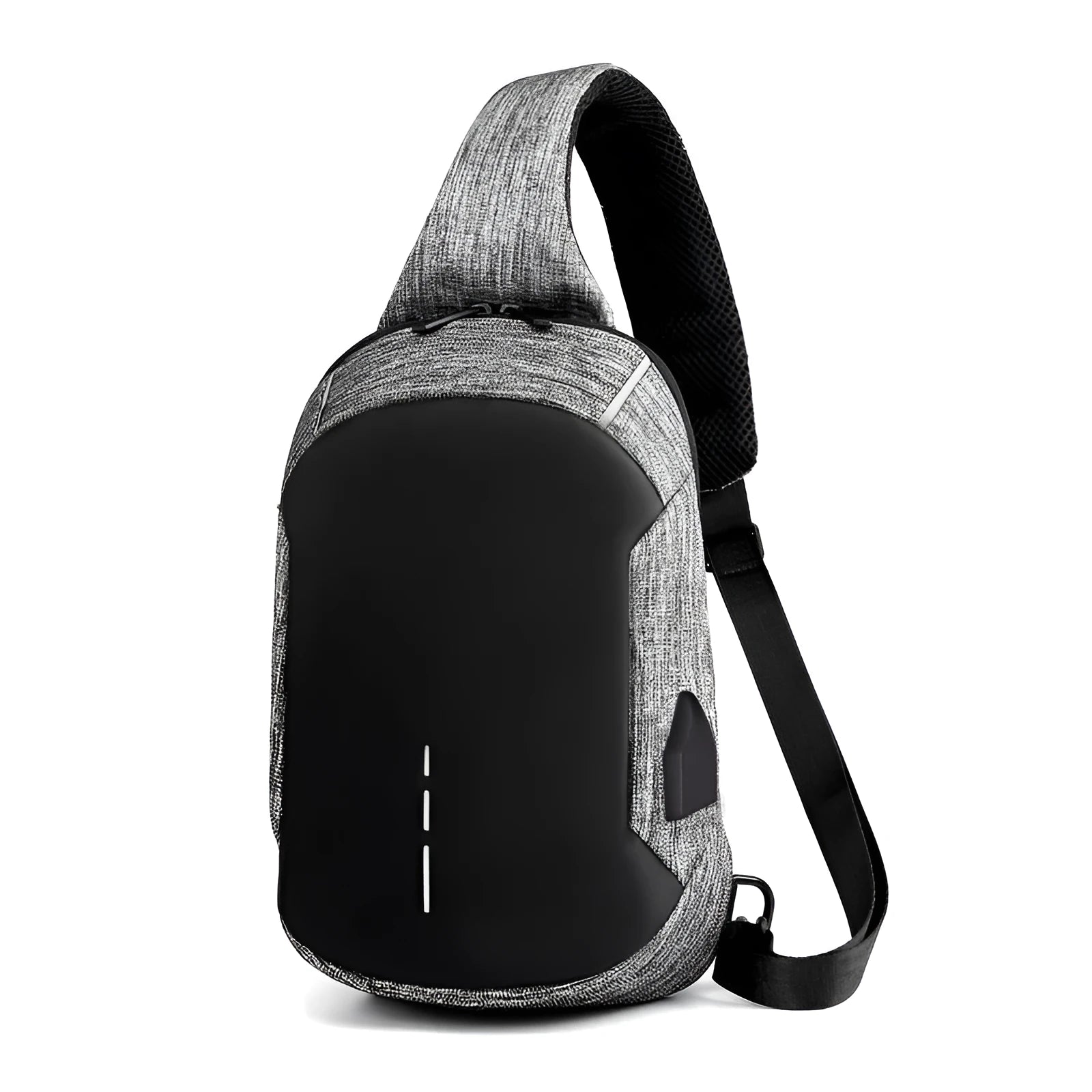 Dark blue Oxford cloth chest bag with adjustable strap, shown open to reveal internal mobile phone pocket.