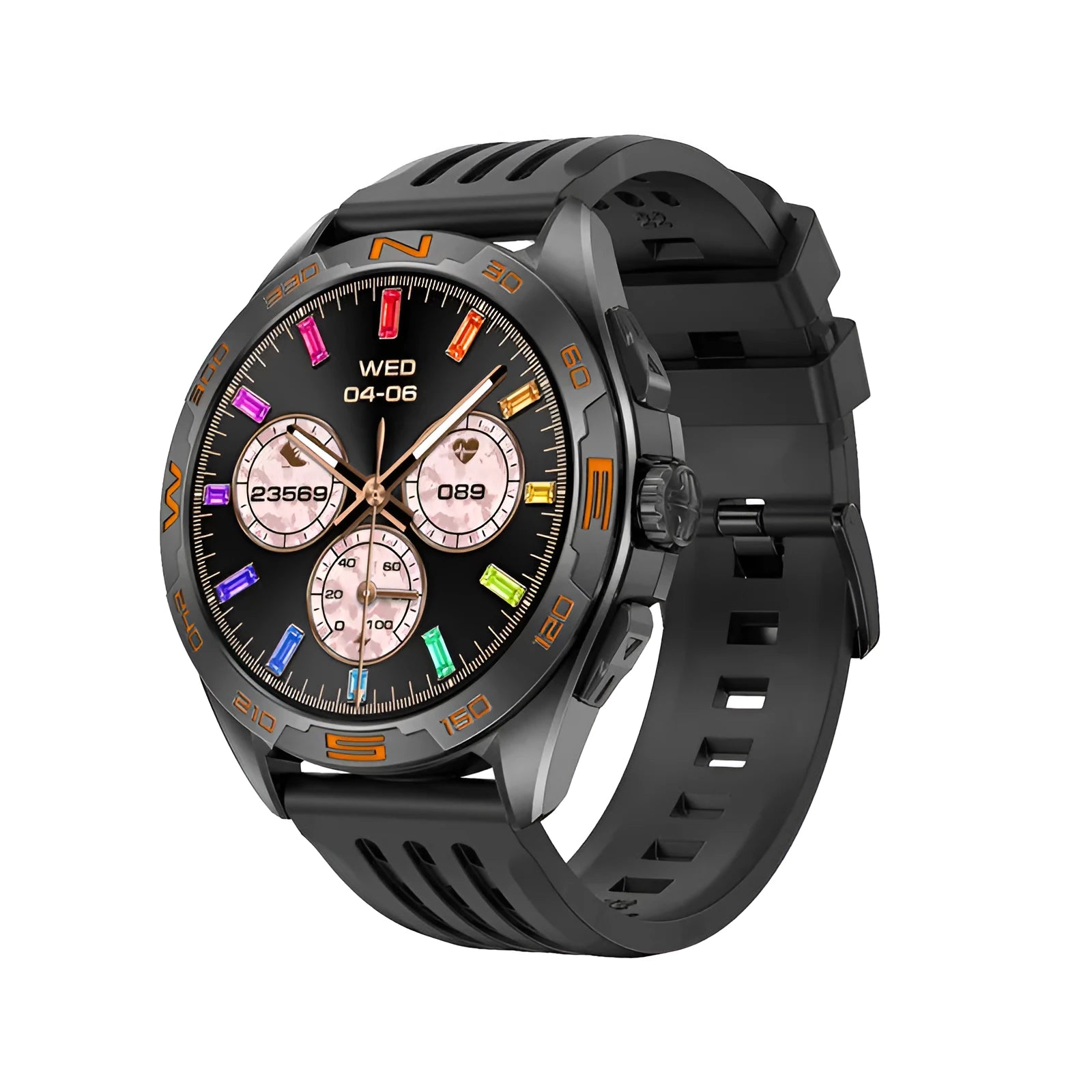 Black smartwatch with health metrics displayed on screen, showing heart rate and blood oxygen readings.