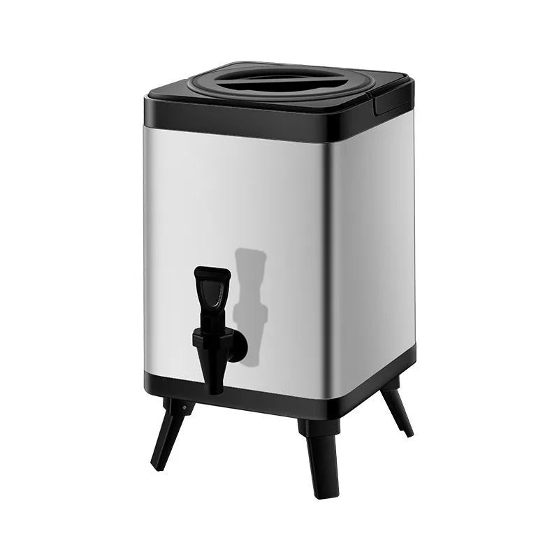 Silver stainless steel milk tea bucket with square lock lid showing 8 litre capacity