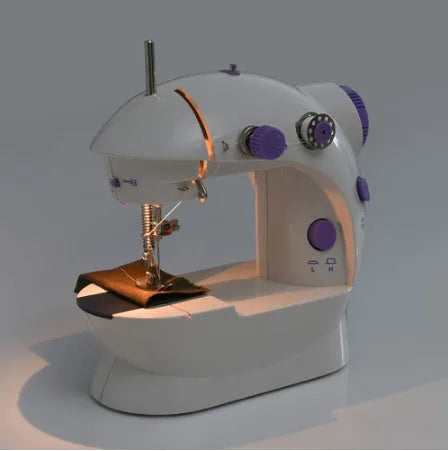 Electric mini household sewing machine showing compact 20cm size with power supply and accessories