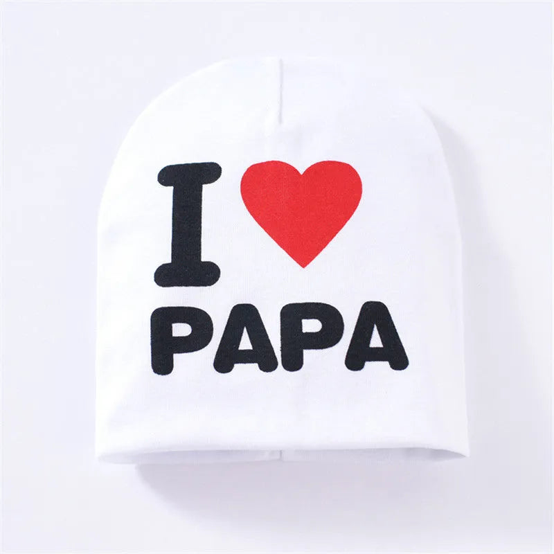 Cotton Lycra baby hat with love mama papa patterns in black grey white colours