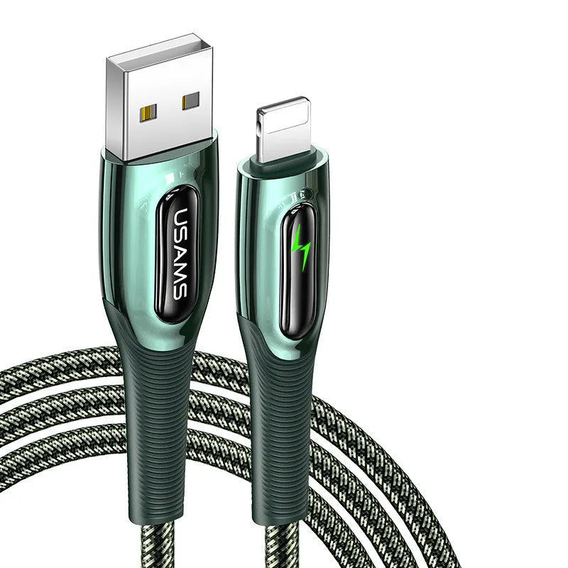 Black braided Lightning cable with zinc alloy connector for iPhone, shown with smart power-off feature.