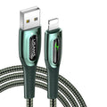 Black braided Lightning cable with zinc alloy connector for iPhone, shown with smart power-off feature.