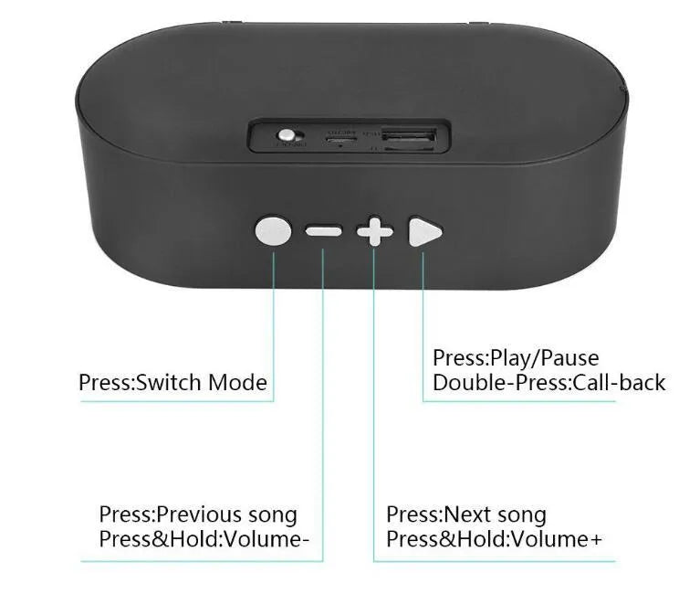 Portable grey Bluetooth wireless speaker with subwoofer and HD microphone on a table.