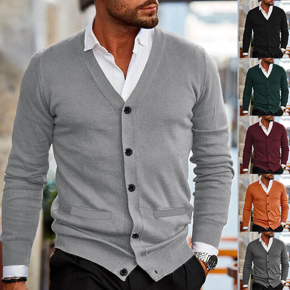 Men's double-sided pocket acrylic slim fit V-neck cardigan in black, front view
