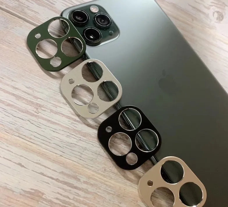 Metal camera lens protection ring for Apple iPhone 11 and iPhone 11 Pro models.