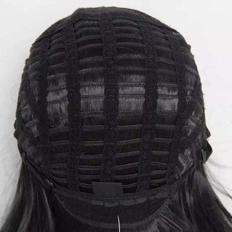 Medium split black big wave high temperature wire wig with long curly hair and long bangs for ladies