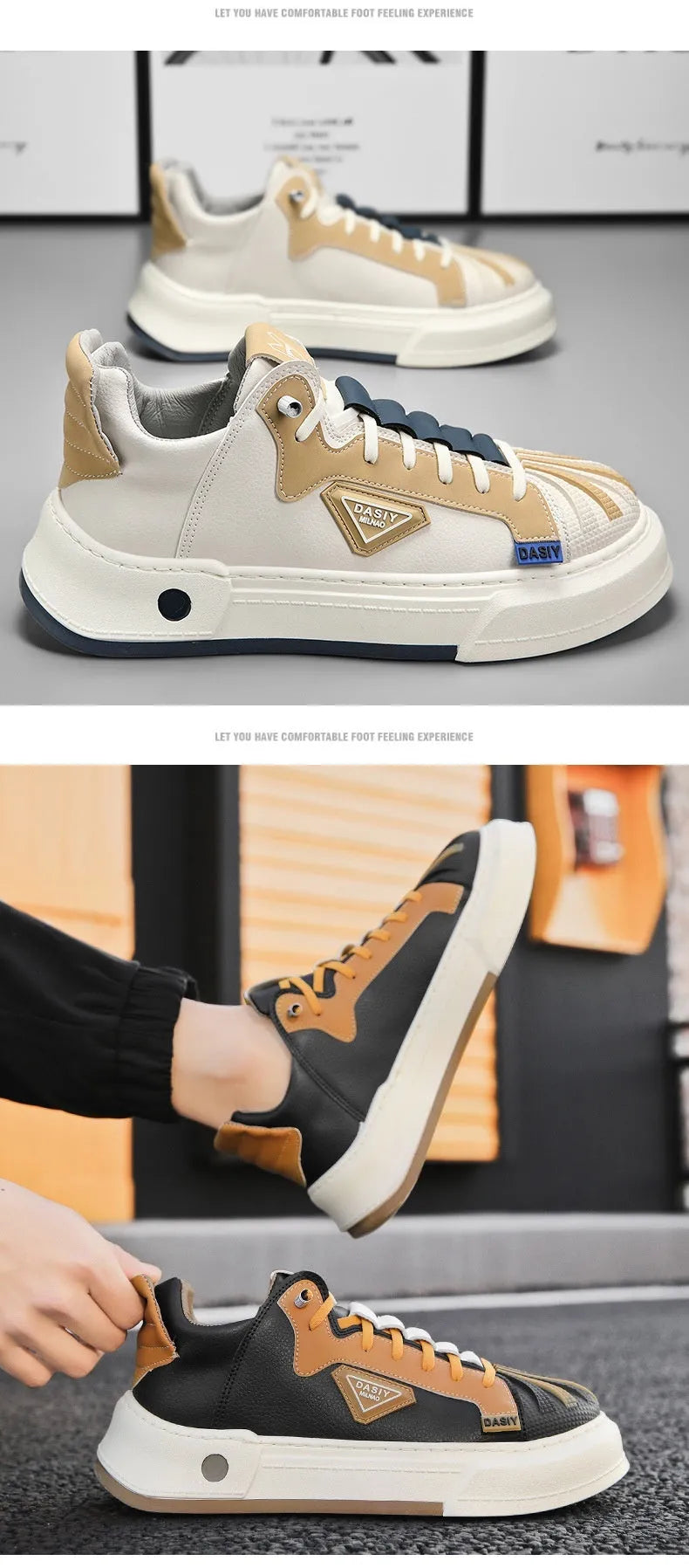 Men's beige low-top sneakers with elastic band and round toe on a flat plastic sole.