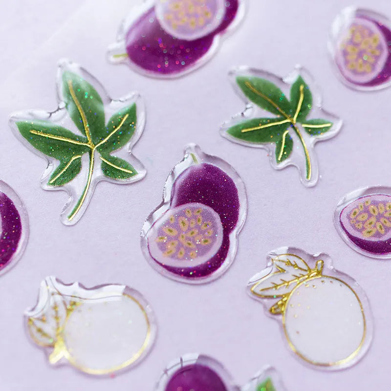 DIY fruit bronzing stickers with grape, orange, passion fruit, peach, pineapple and strawberry designs