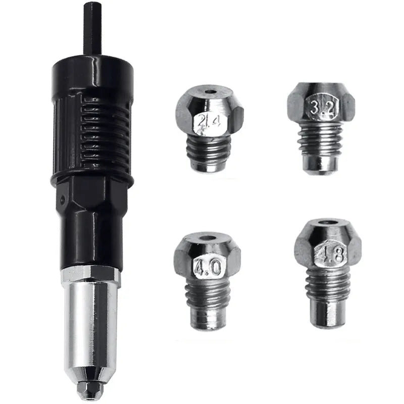 Black metal electric drill rivet gun attachment with alloy steel head, shown with handle, wrench, and four rivet heads.