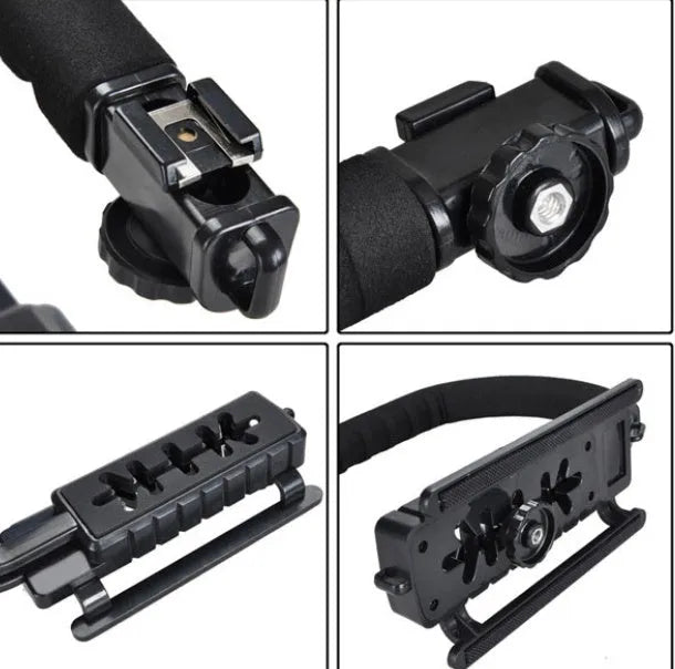C-type handheld camera stabiliser bracket for DSLR cameras with plastic construction and sponge elements