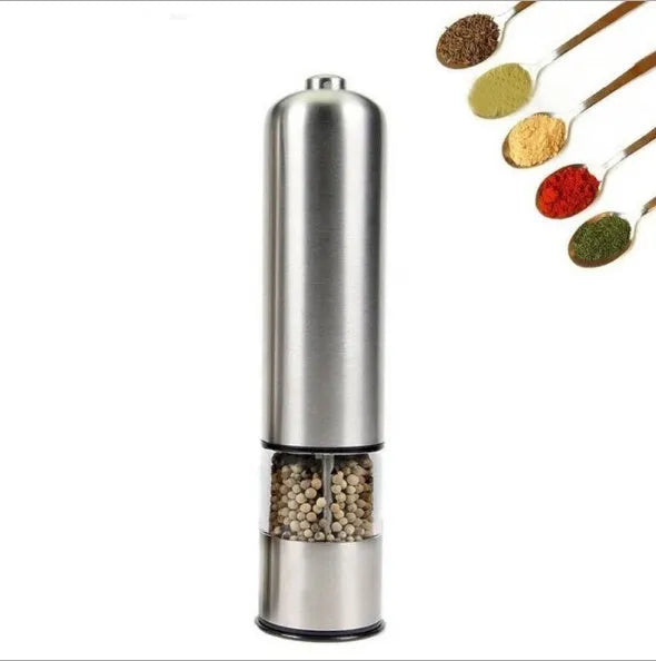 Stainless steel electric pepper grinder with manual option in natural colour.
