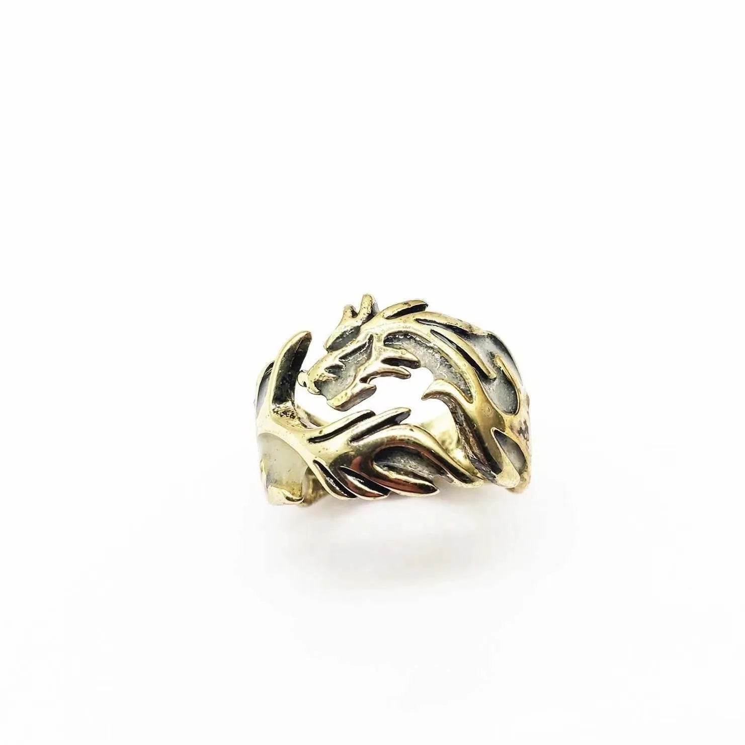 Adjustable Chinese dragon ring with luminous geometric design in antique silver blue and green colours