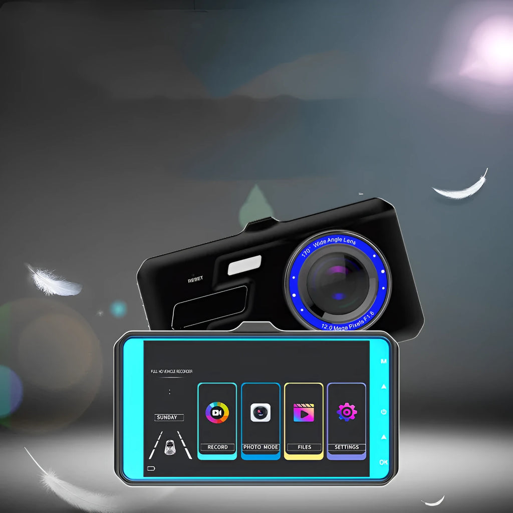 Black front and rear dual lens car dash cam with 4.0 inch touch screen display