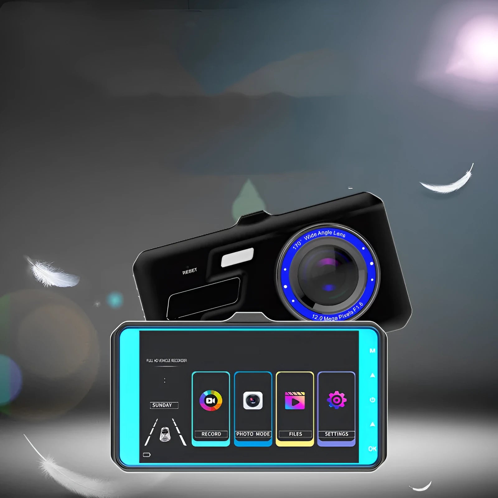 Black front and rear dual lens car dash cam with 4.0 inch touch screen display