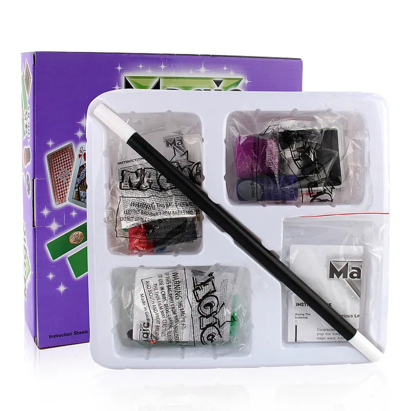 Children's magic trick set with plastic props in purple or red colours for ages 3-7