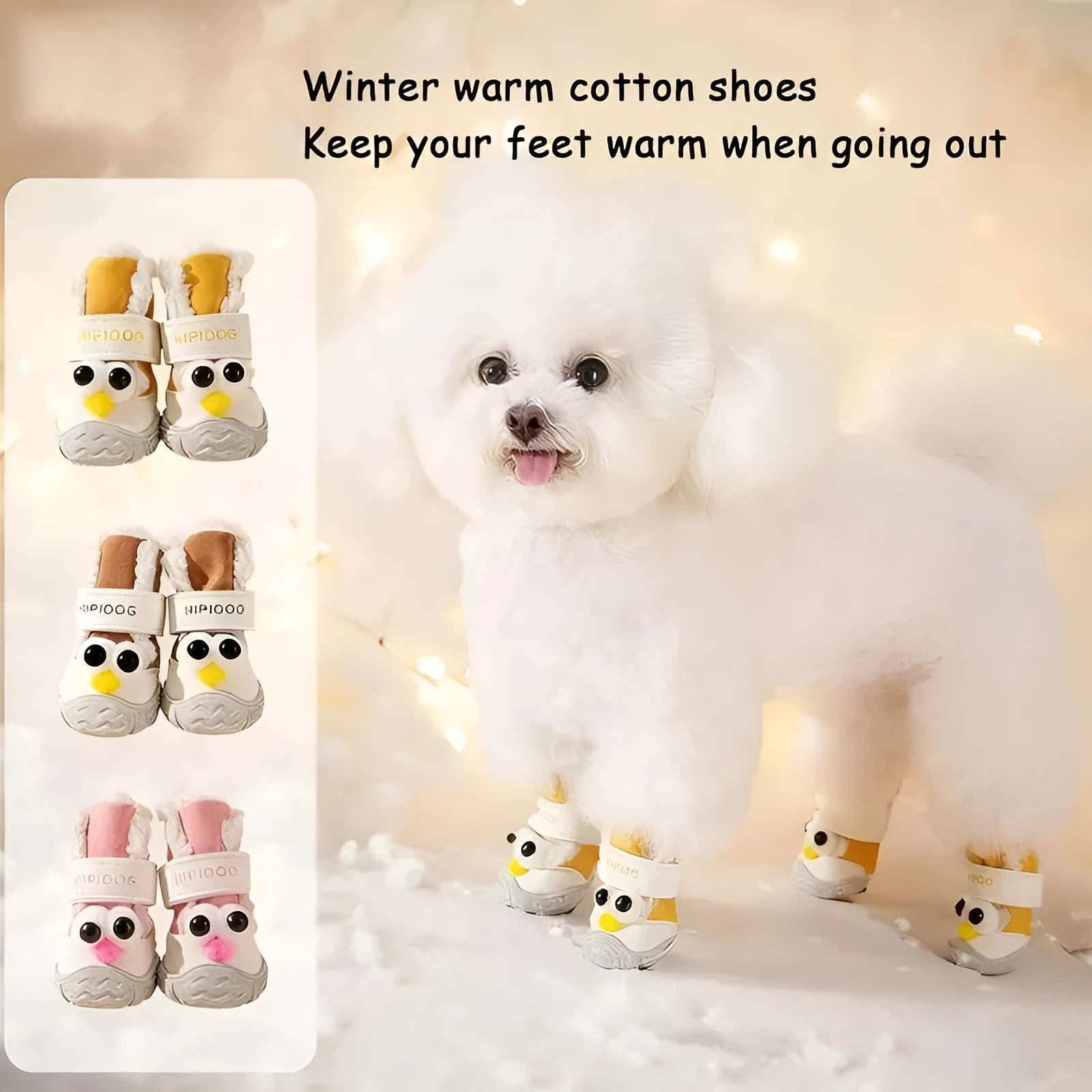 Brown thick warm anti-slip dog shoe with plush wool lining and adjustable strap for winter walking