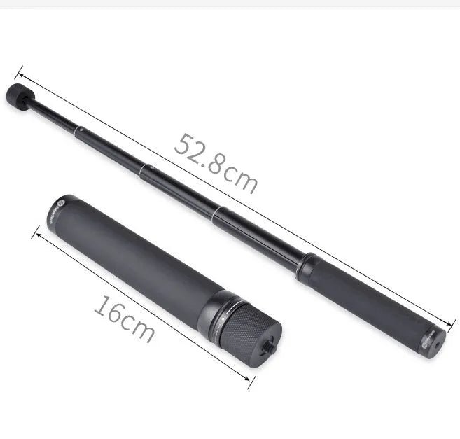 Retractable metal selfie stick with rubberised grip handle and smartphone mount, shown extended.
