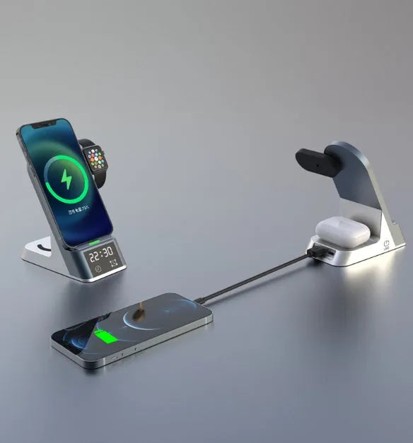 Black six-in-one alarm clock and wireless charging station with digital display and TYPE-C port.