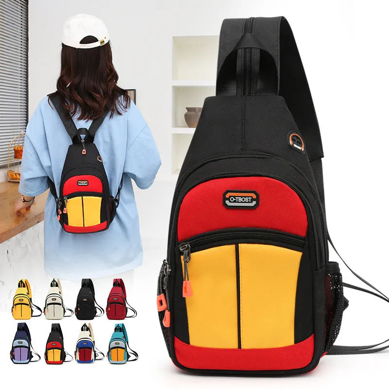 Women's multifunctional Oxford cloth backpack with USB design, medium size, vertical square shape, colour block finish