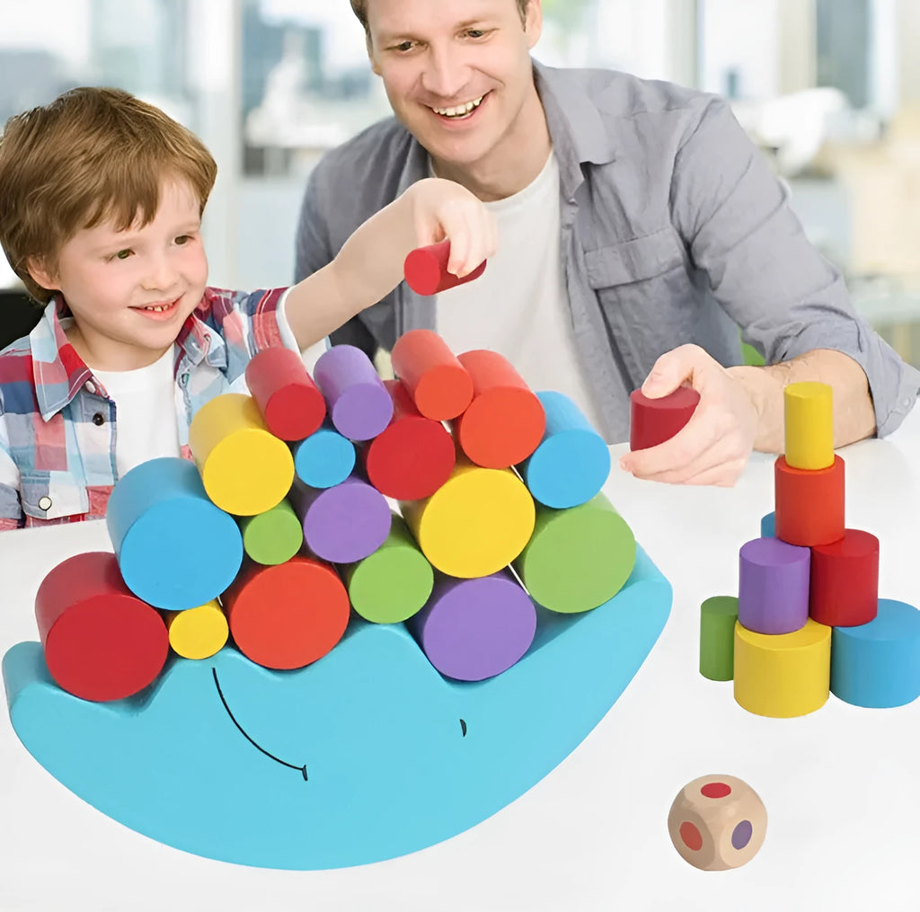 Wooden moon balance game with yellow and blue pieces for children 2-4 years old