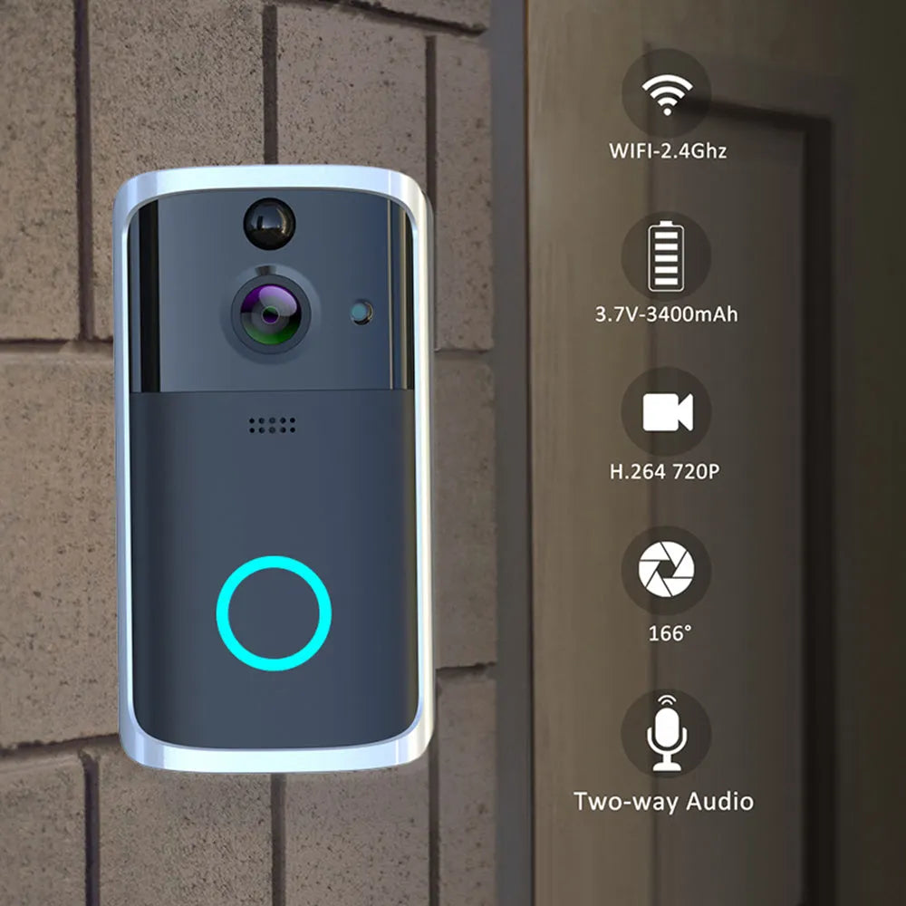Black WiFi video doorbell camera with infrared night vision and two-way intercom against a white wall
