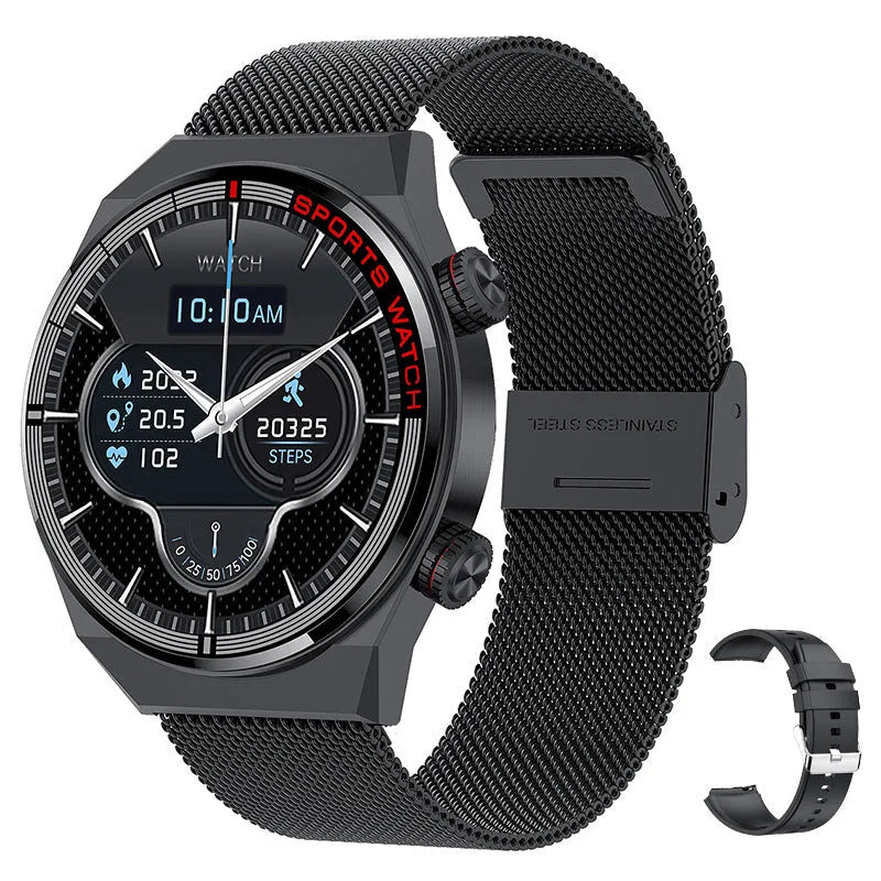 Smartwatch with rotary key, leather strap, and a 1.3-inch display showing call interface.