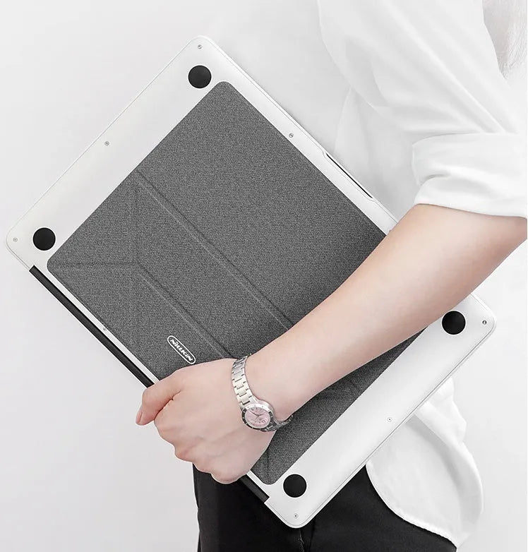 Blue portable laptop cooling bracket showing foldable design with anti-slip surface