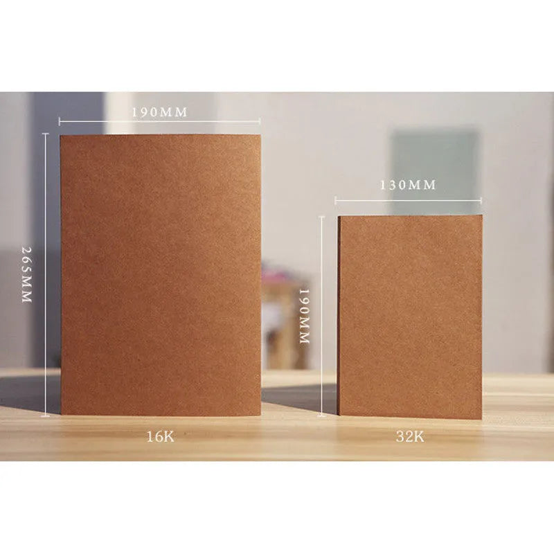 Brown and white kraft paper sketchbooks in large 16K and medium 32K sizes, showing bound 132-page pads.