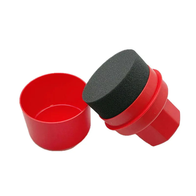 Hand-held black car tyre polishing sponge brush with a lid, showing high-density foam and PP plastic handle.